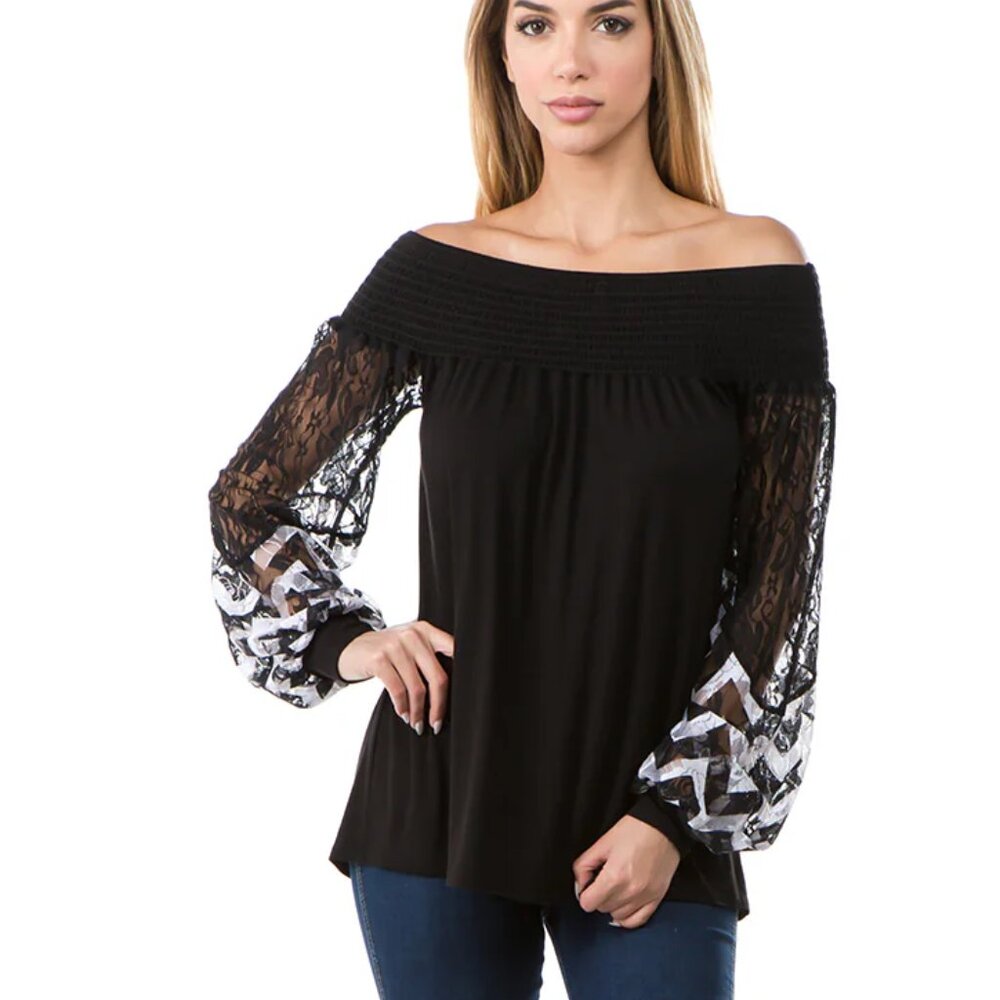 VAVA Chevron Lace Sleeves Off Shoulder Top M